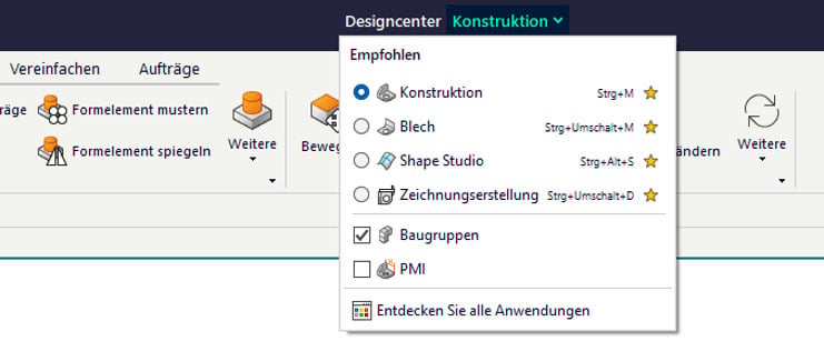 Designcenter: Neues Anwendungsmenü in der Titelleiste