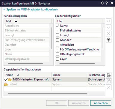 Designcenter MBD-Navigator Spalten konfigurieren