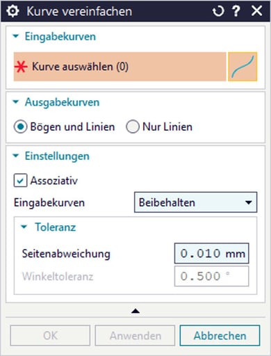 Designcenter Kurve vereinfachen Menufenster