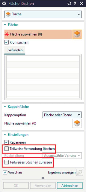 Designcenter Synchronous Modeling Menufesnter Fläche löschen
