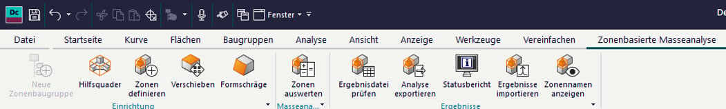 Designcenter Add-on Zonenbasierte Massenanalyse Menuleiste