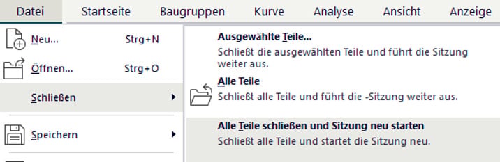 Designcenter Eigenfrequenzanalyse für Baugruppen - Neuer Befehl Alle Teile schließen und Session neu starten