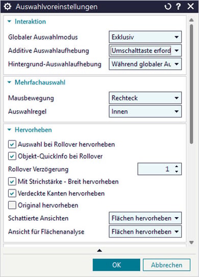 Designcenter Simulation: Neues anpassbares Auswahlverhalten